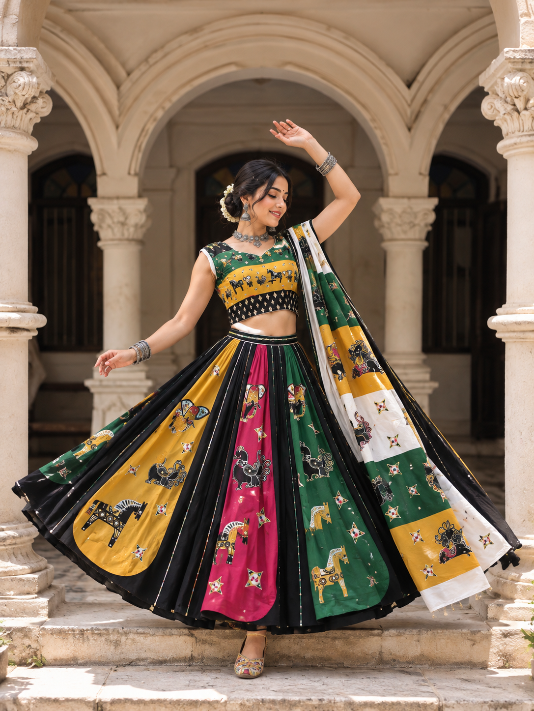 Mustard Yellow, Black & Emerald Green Navratri Chaniya Choli Set