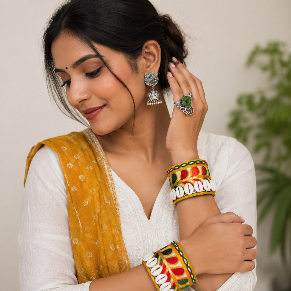 Multicolor Embroidered Cowrie Shell Kada โ Traditional Ethnic Statement Bracelet