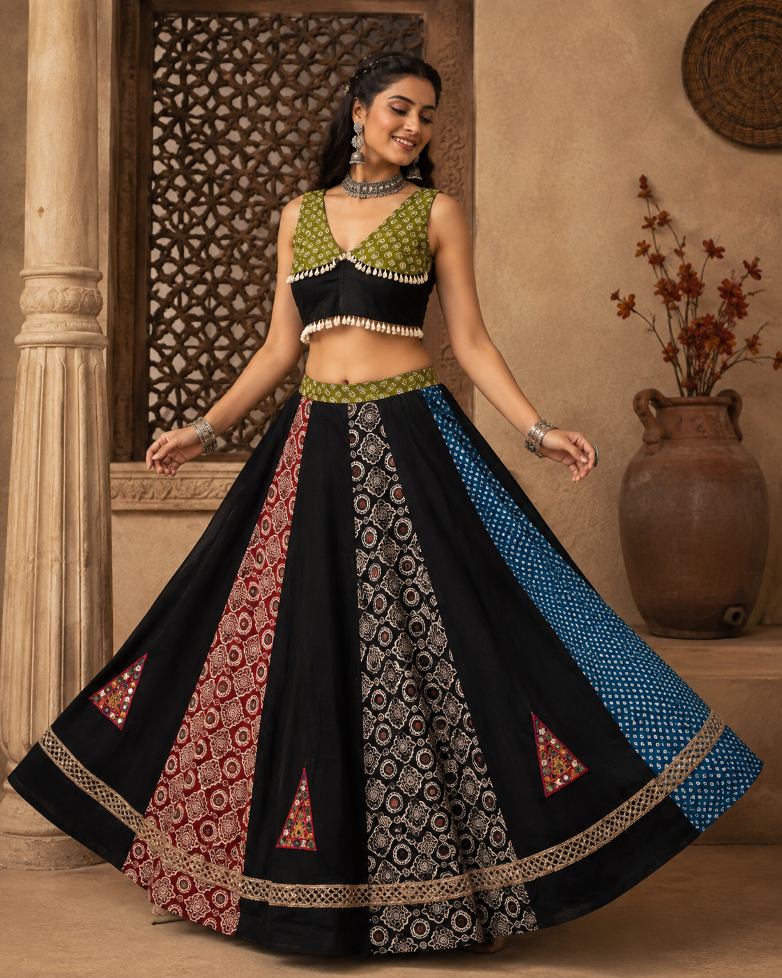 Black & Multicolor Printed Designer Navratri Chaniya Choli Set with Mirror & Embellished Work