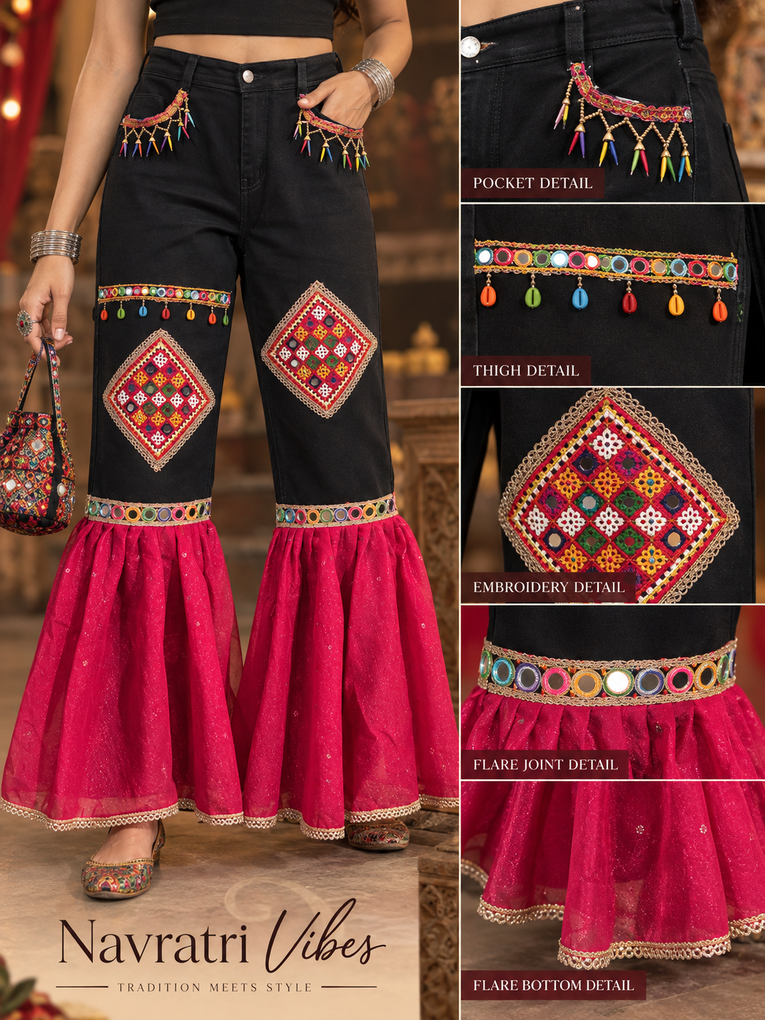 Black & Pink Embroidered Navratri Flared Pants – Traditional Mirror Work Festive Wear