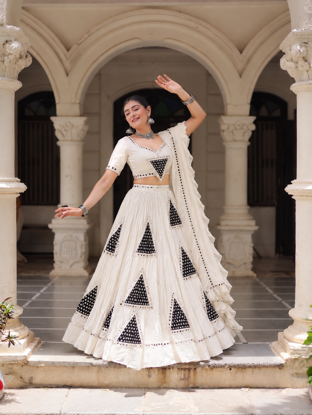 White Mirror Work Navratri Chaniya Choli Set with Matching Dupatta | CLOTHIVE