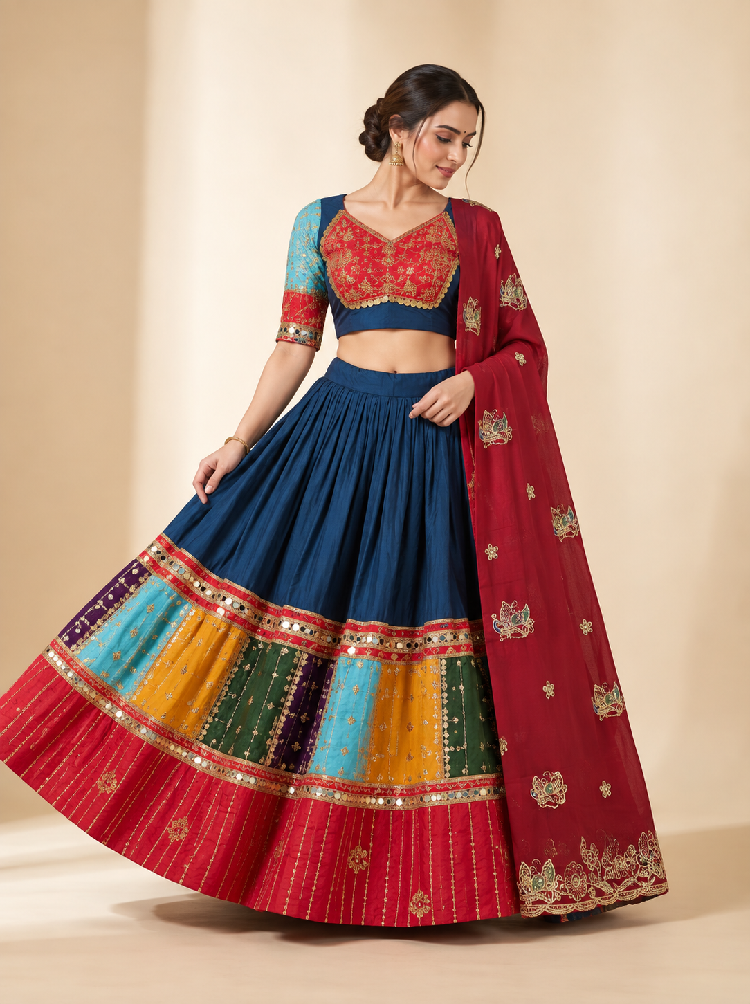 Multicolour Festive Lehenga Set with Embroidered Blouse & Dupatta