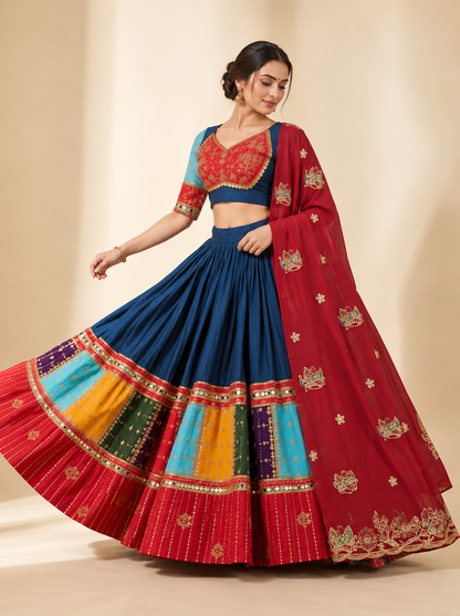 Multicolour Festive Lehenga Set with Embroidered Blouse & Dupatta
