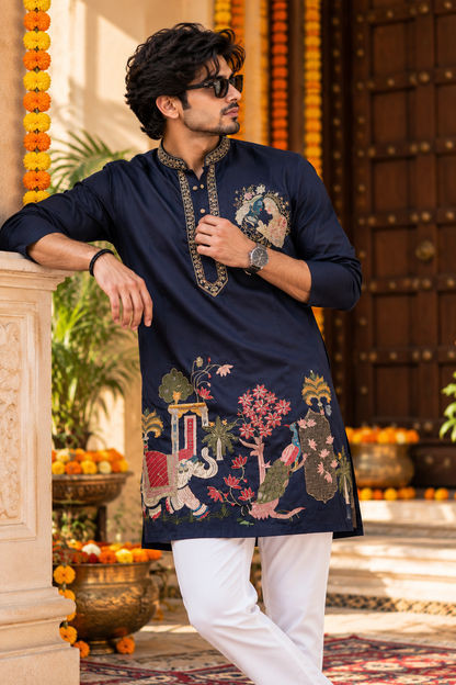 Royal Navy Blue Embroidered Premium Navratri Kurta