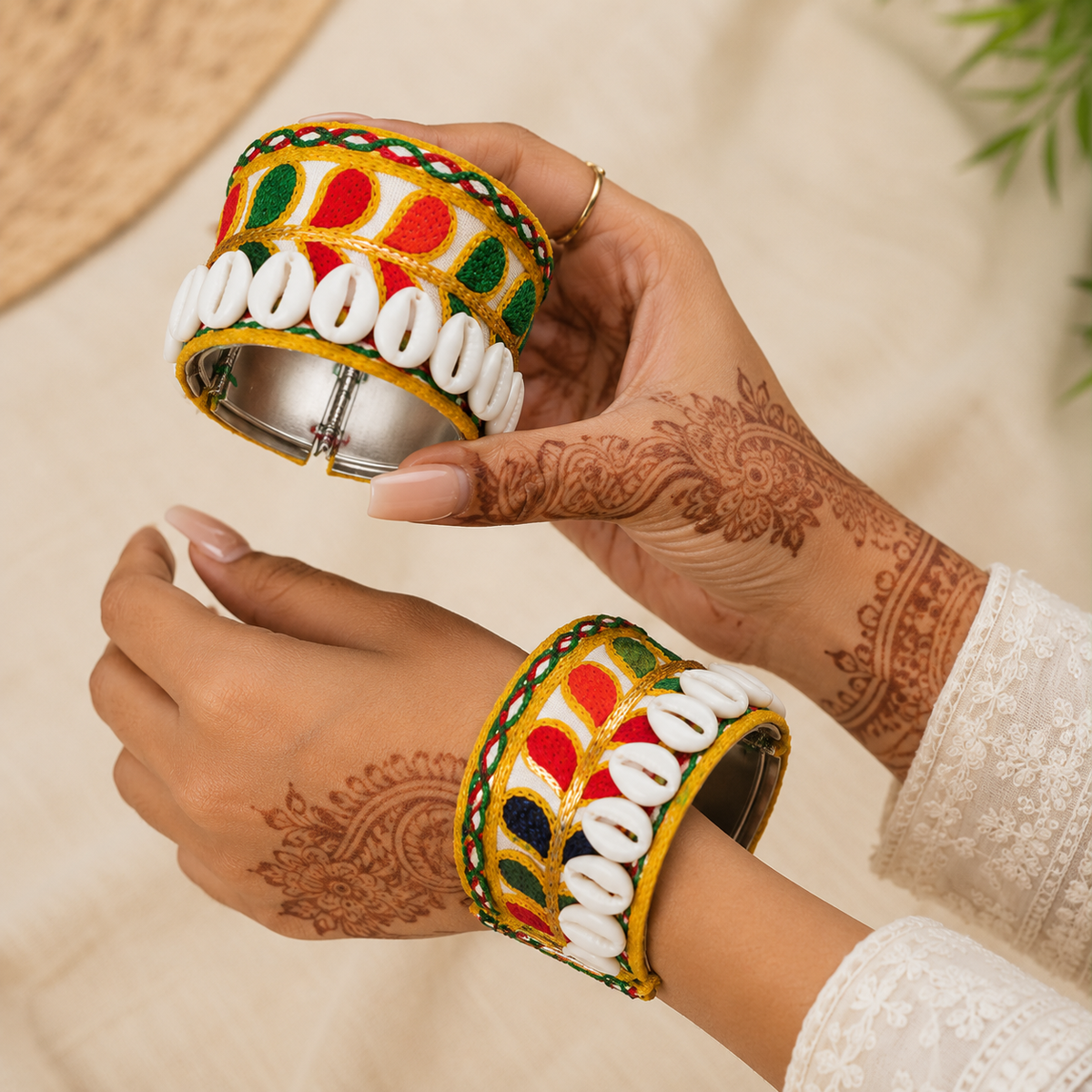Multicolor Embroidered Cowrie Shell Kada – Traditional Ethnic Statement Bracelet