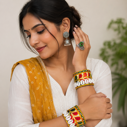 Multicolor Embroidered Cowrie Shell Kada – Traditional Ethnic Statement Bracelet