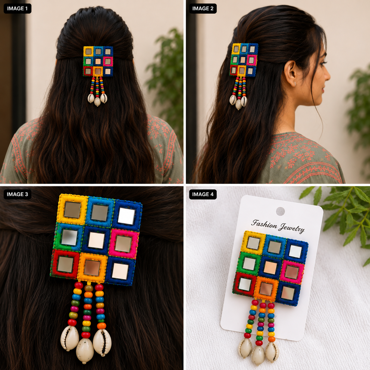 Multicolor Mirror Work Hair Clip with Beaded & Shell Tassels – Ethnic Hair Accessory
