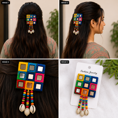 Multicolor Mirror Work Hair Clip with Beaded & Shell Tassels – Ethnic Hair Accessory