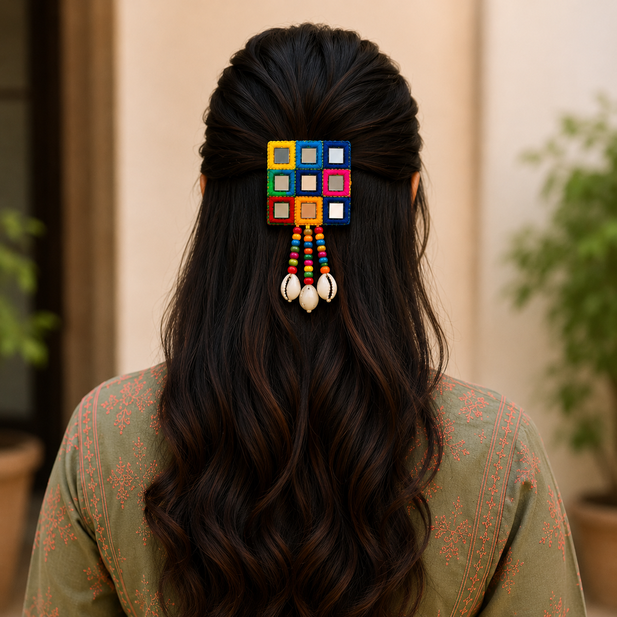 Multicolor Mirror Work Hair Clip with Beaded & Shell Tassels – Ethnic Hair Accessory