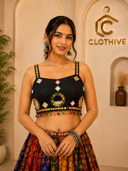 Black Mirror Work Blouse | Multicolor Embroidered Navratri Blouse
