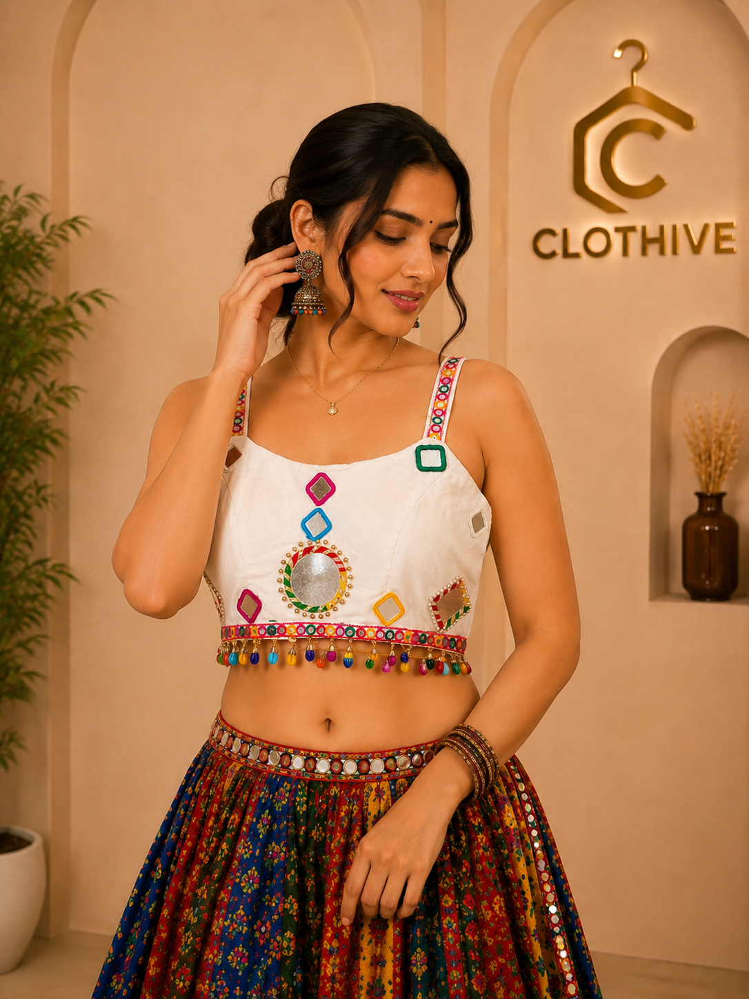 White Mirror Work Embellished Designer Blouse with Multicolour Tassel Detailing