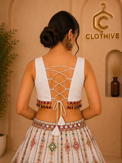 White Handcrafted Mirror Work Designer Blouse with Multicolor Embellishments