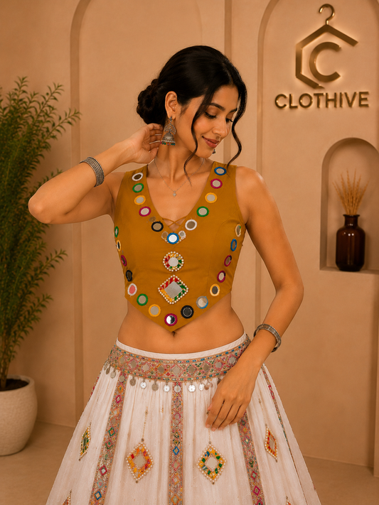 Mustard Mirror Work Embellished Designer Blouse