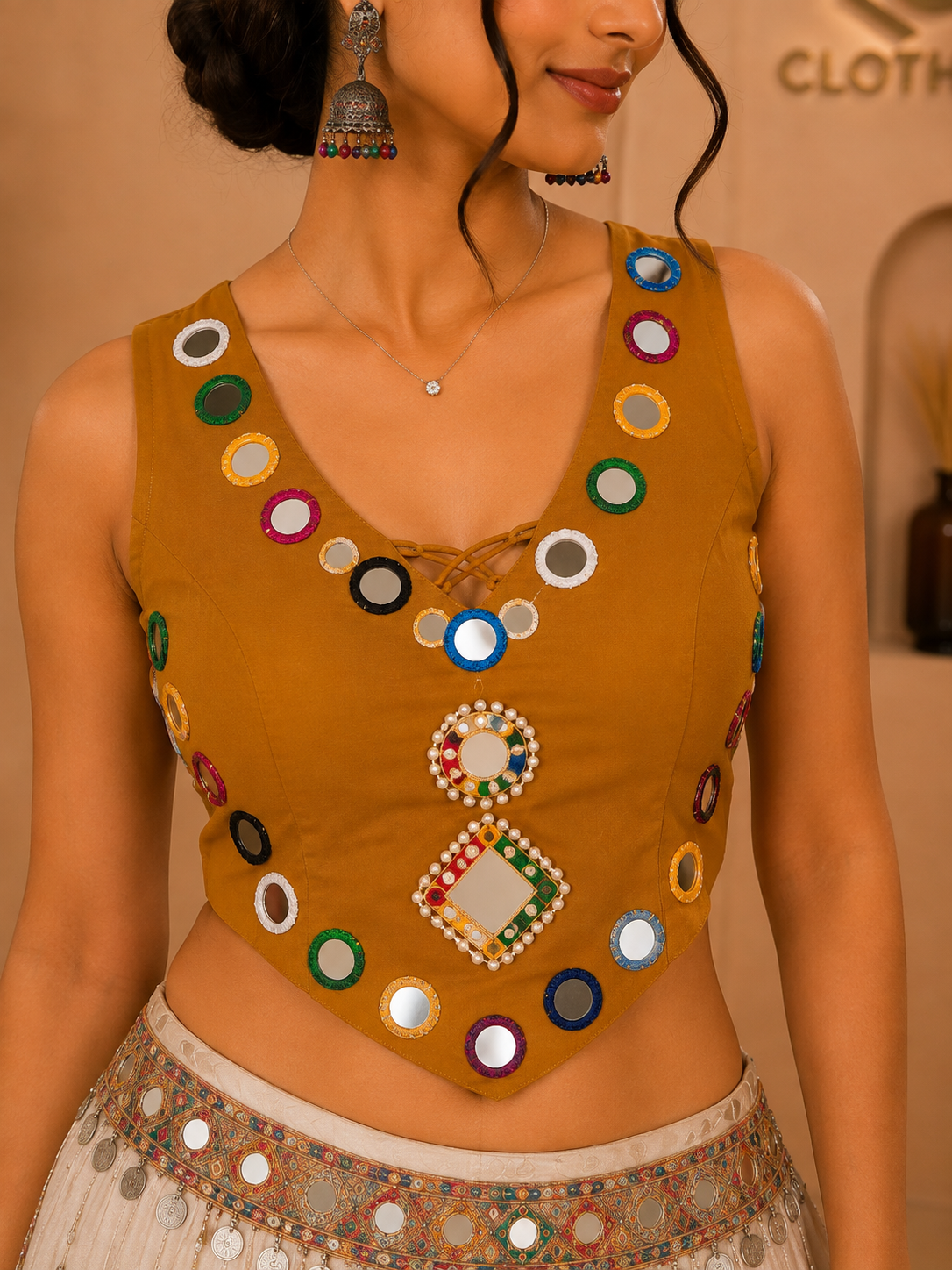 Mustard Mirror Work Embellished Designer Blouse