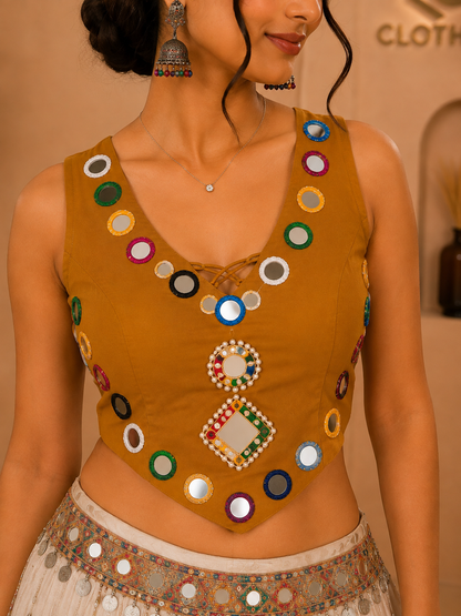 Mustard Mirror Work Embellished Designer Blouse