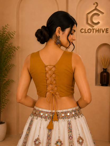 Mustard Mirror Work Embellished Designer Blouse