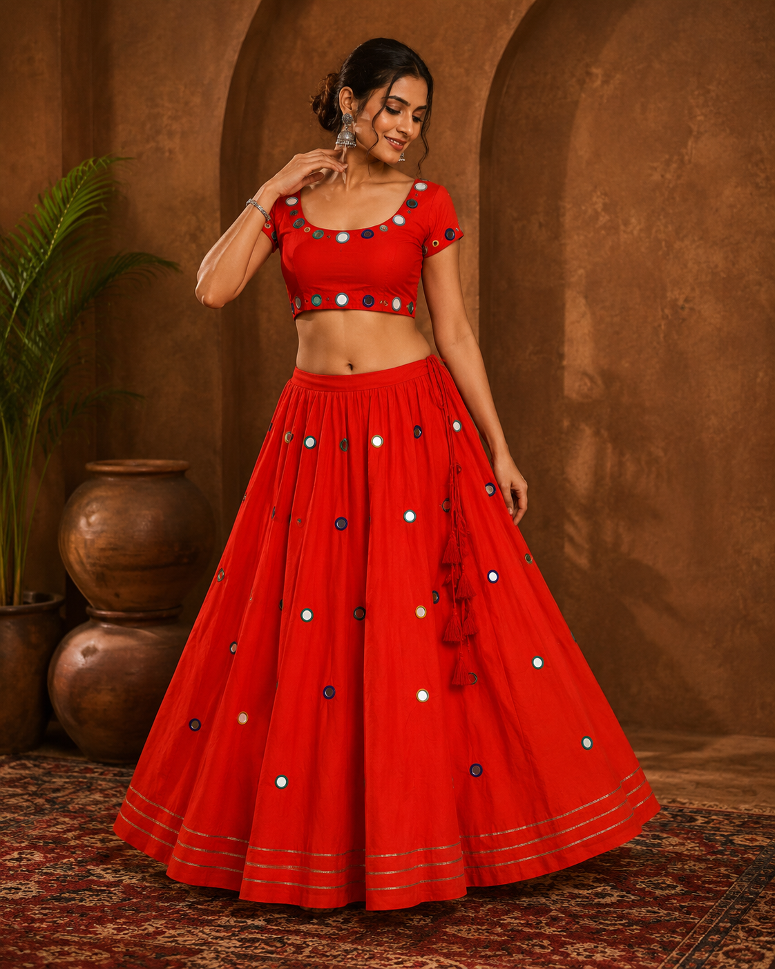 Traditional Red Mirror Work Chaniya Choli Set – Festive Garba & Navratri Wear