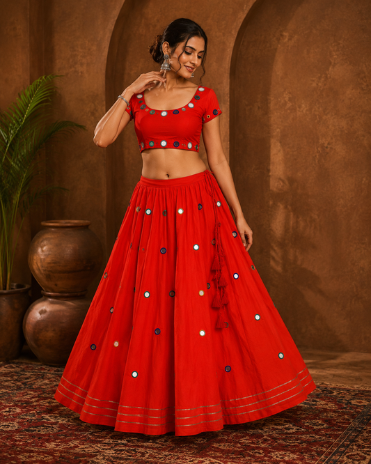 Traditional Red Mirror Work Chaniya Choli Set – Festive Garba & Navratri Wear