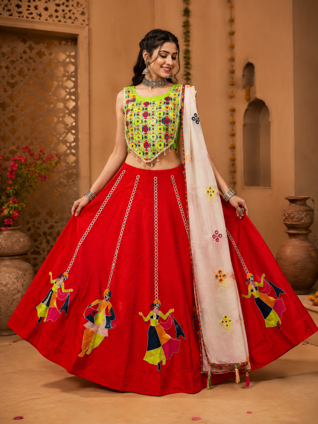 Red & Green Designer Mirror Work Chaniya Choli with Dandiya Motif & Dupatta