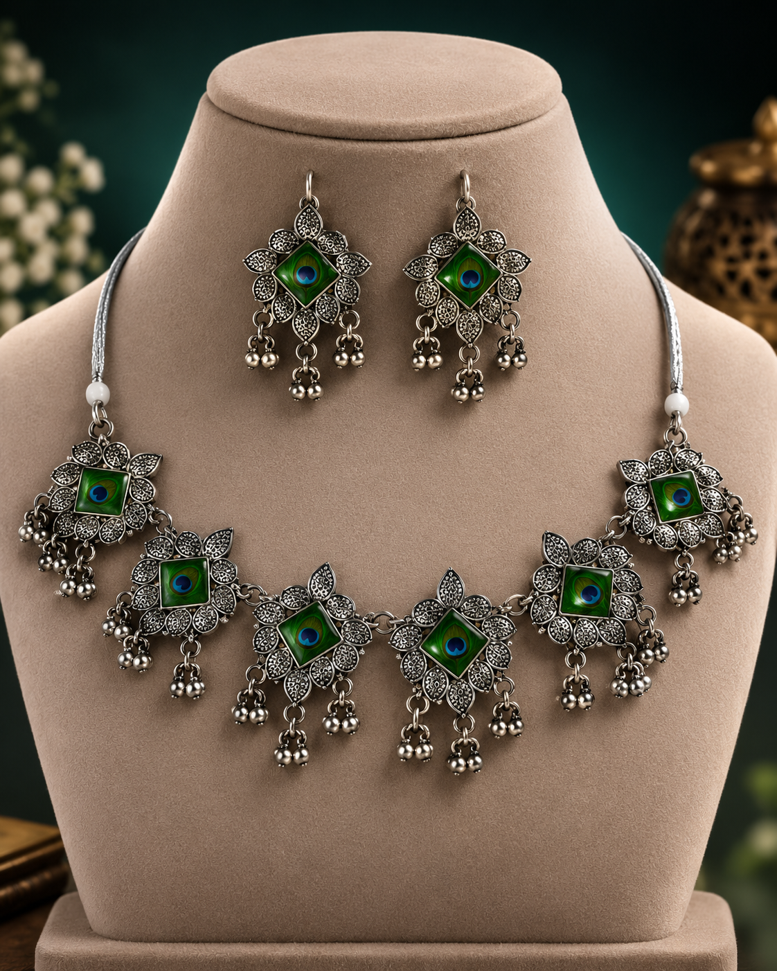 Peacock Eye Green Oxidised Jewellery Set | Clothive