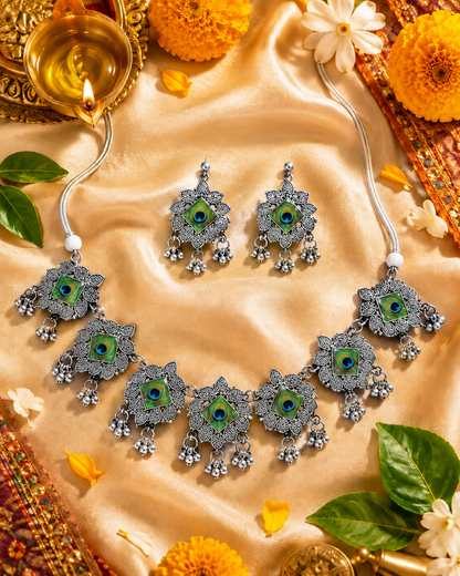 Peacock Eye Green Oxidised Jewellery Set | Clothive