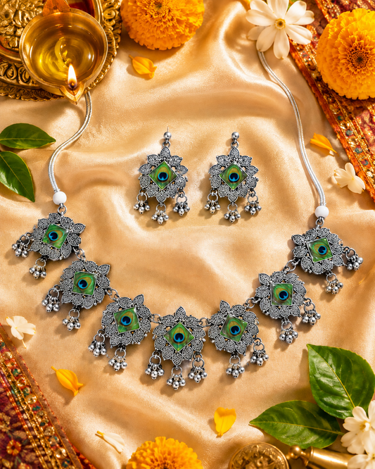 Peacock Eye Green Oxidised Jewellery Set | Clothive