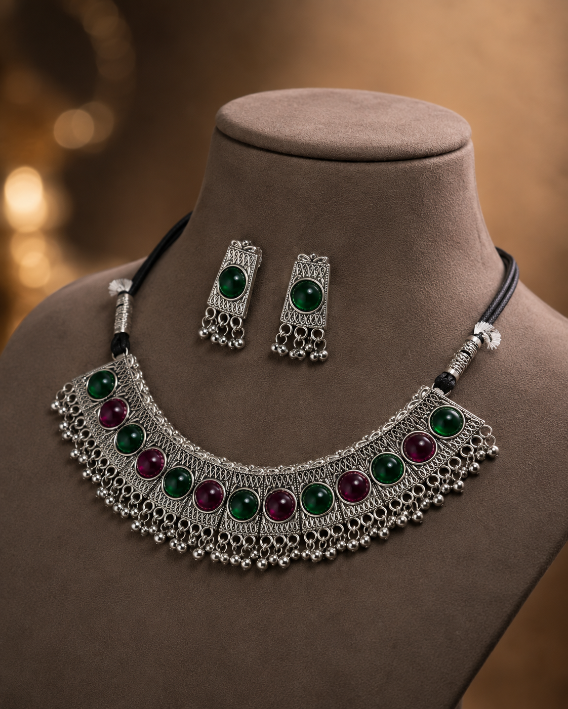 Emerald & Wine Oxidised Necklace Set | Clothive