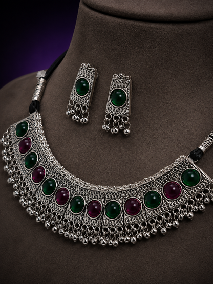 Emerald & Wine Oxidised Necklace Set | Clothive