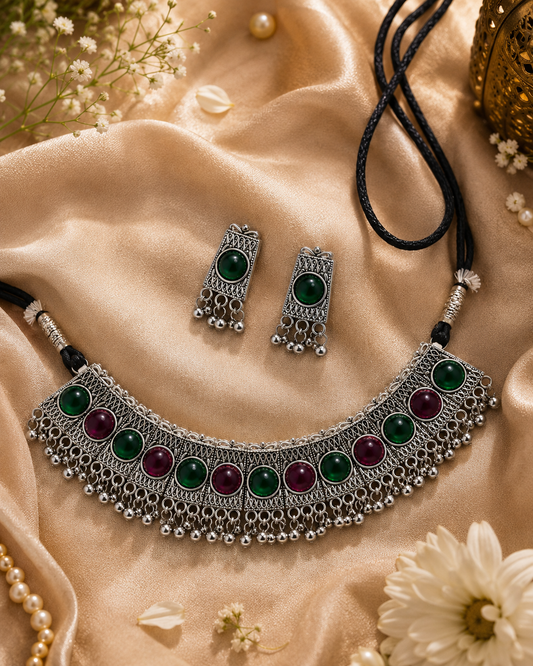 Emerald & Wine Oxidised Necklace Set | Clothive