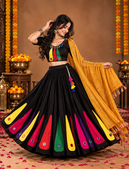 Black Multicolour Mirror Work Navratri Lehenga Choli with Mustard Dupatta