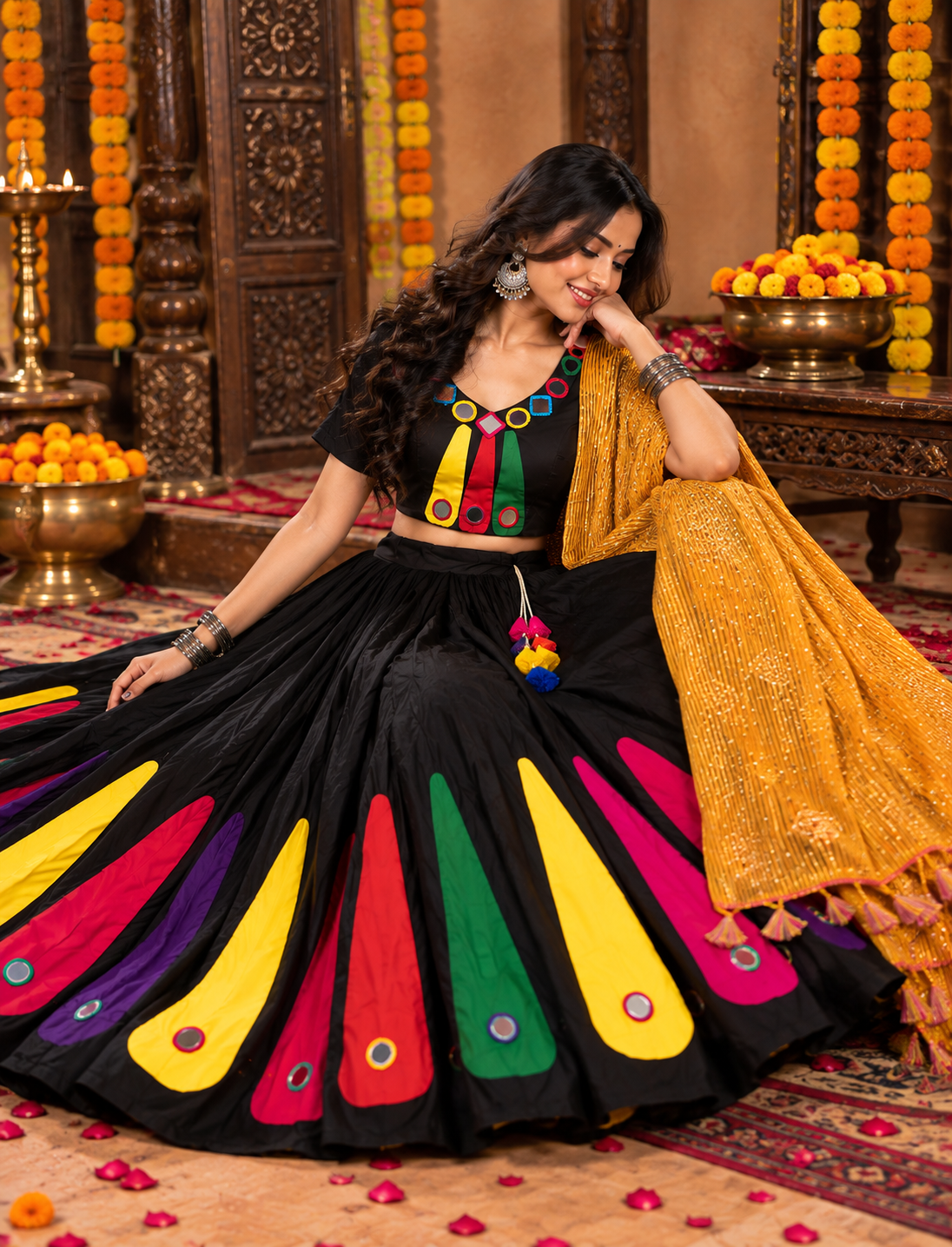 Black Multicolour Mirror Work Navratri Lehenga Choli with Mustard Dupatta