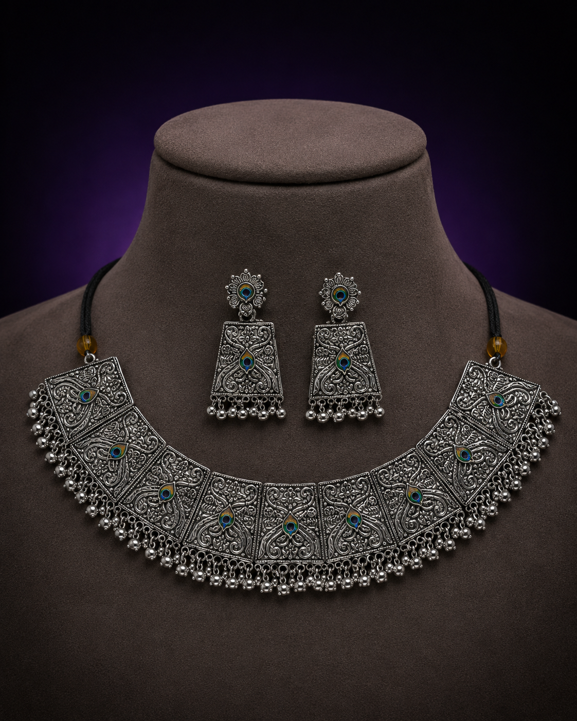 Peacock Motif Oxidised Silver Necklace Set | Clothive