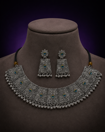 Peacock Motif Oxidised Silver Necklace Set | Clothive