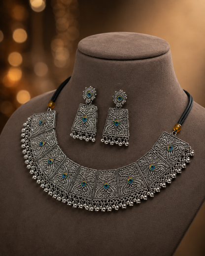 Peacock Motif Oxidised Silver Necklace Set | Clothive