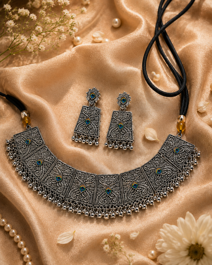 Peacock Motif Oxidised Silver Necklace Set | Clothive