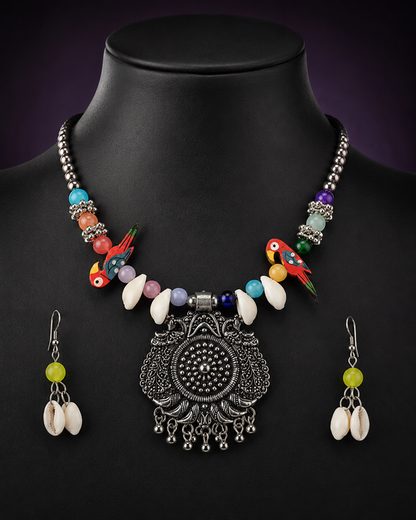Boho Bird Charm Oxidised Silver Necklace Set | Clothive