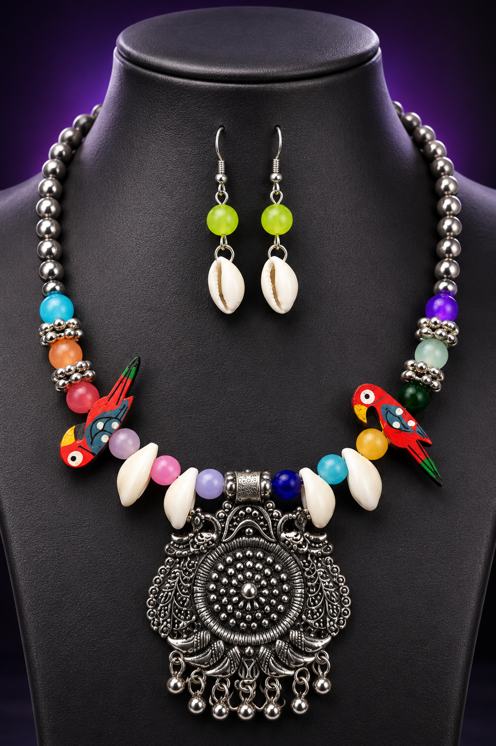 Boho Bird Charm Oxidised Silver Necklace Set | Clothive