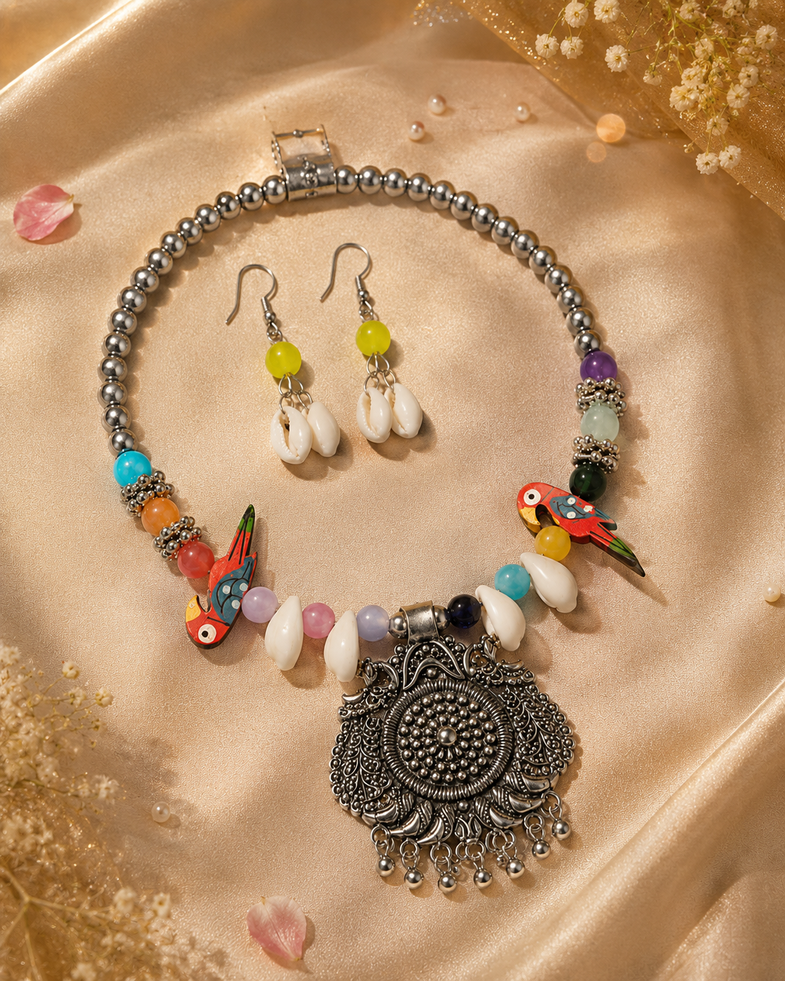 Boho Bird Charm Oxidised Silver Necklace Set | Clothive