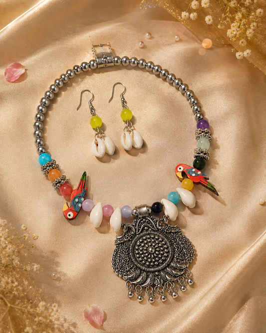 Boho Bird Charm Oxidised Silver Necklace Set | Clothive