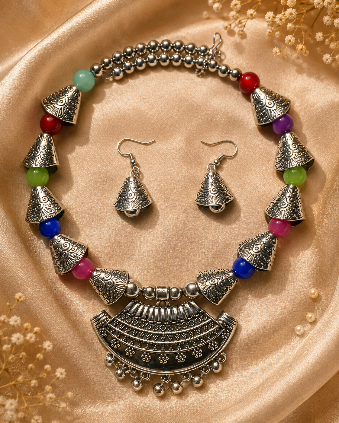 Multicolour Beaded Oxidised Silver Necklace Set | Clothive
