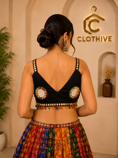 Black Mirror Work Blouse | Multicolor Embroidered Navratri Blouse