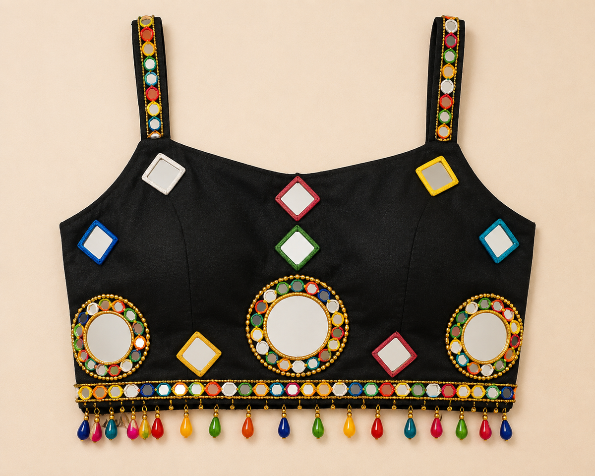 Black Mirror Work Blouse | Multicolor Embroidered Navratri Blouse
