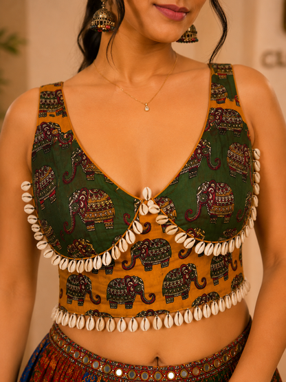 Handcrafted Elephant Print Blouse | Cowrie Shell Embellished Ethnic Blouse