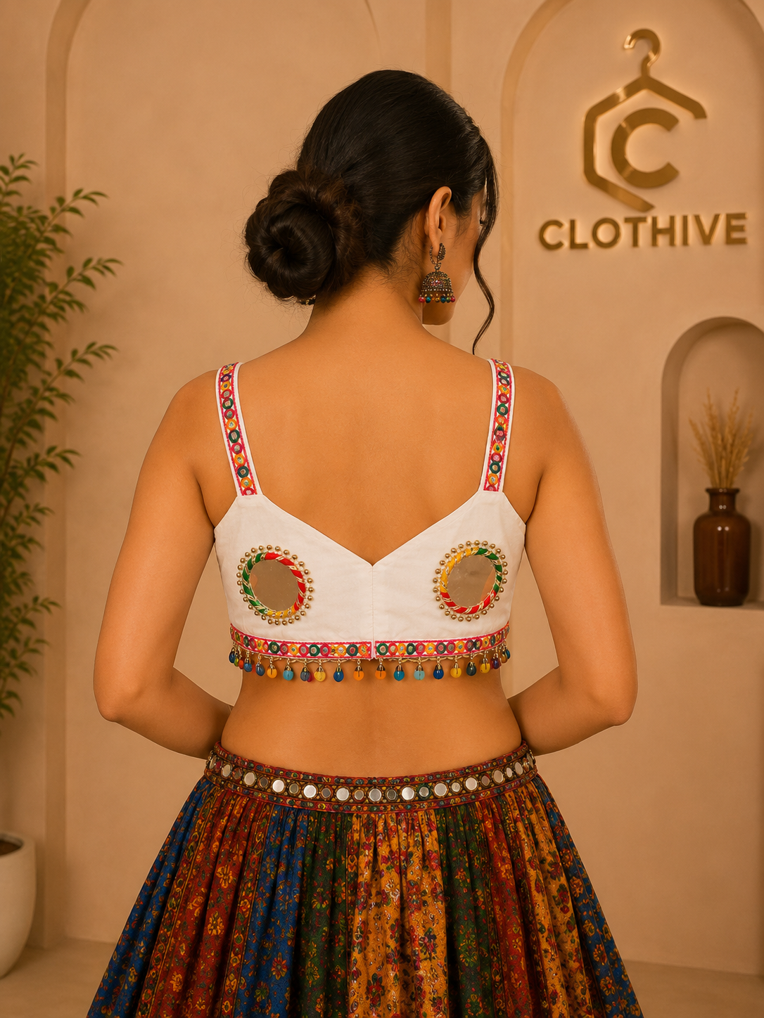 White Mirror Work Embellished Designer Blouse with Multicolour Tassel Detailing