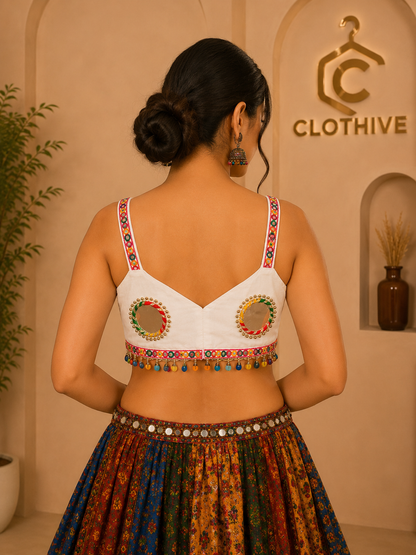 White Mirror Work Embellished Designer Blouse with Multicolour Tassel Detailing