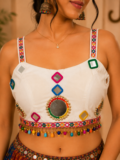 White Mirror Work Embellished Designer Blouse with Multicolour Tassel Detailing