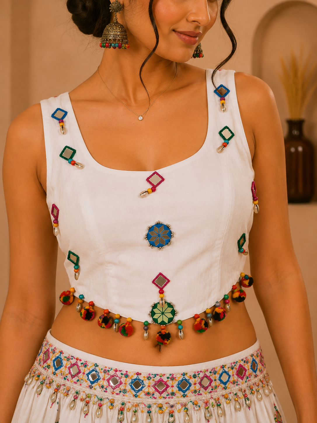 White Handcrafted Mirror Work Designer Blouse with Multicolor Embellishments