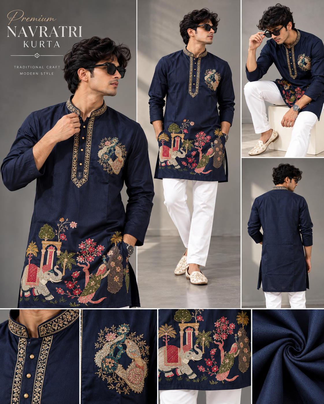 Royal Navy Blue Embroidered Premium Navratri Kurta