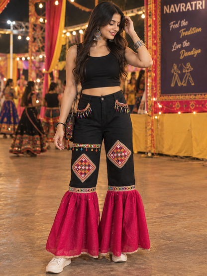 Black & Pink Embroidered Navratri Flared Pants – Traditional Mirror Work Festive Wear