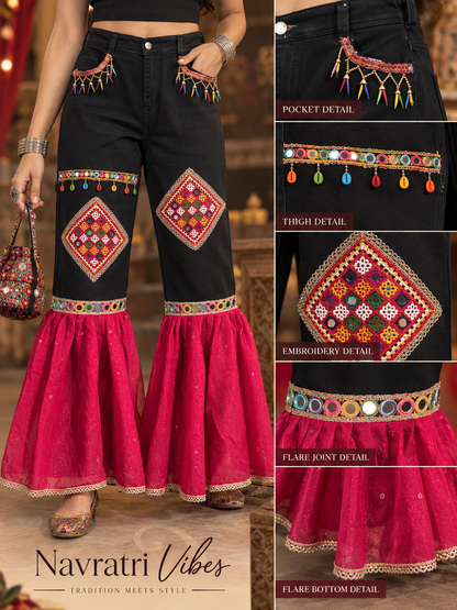 Black & Pink Embroidered Navratri Flared Pants – Traditional Mirror Work Festive Wear